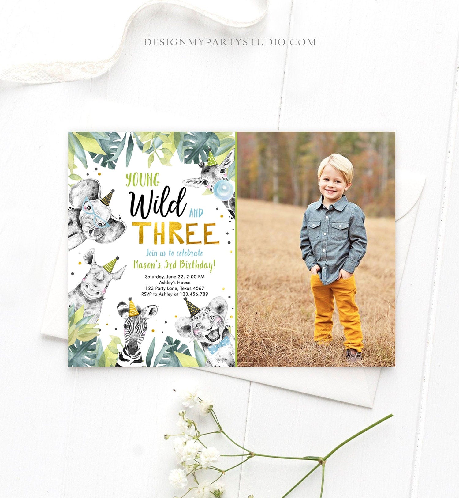 Editable Young Wild and Three Invitation Safari Animals Party Animals Boy Third Birthday Digital Download Evite Template Printable 0322
