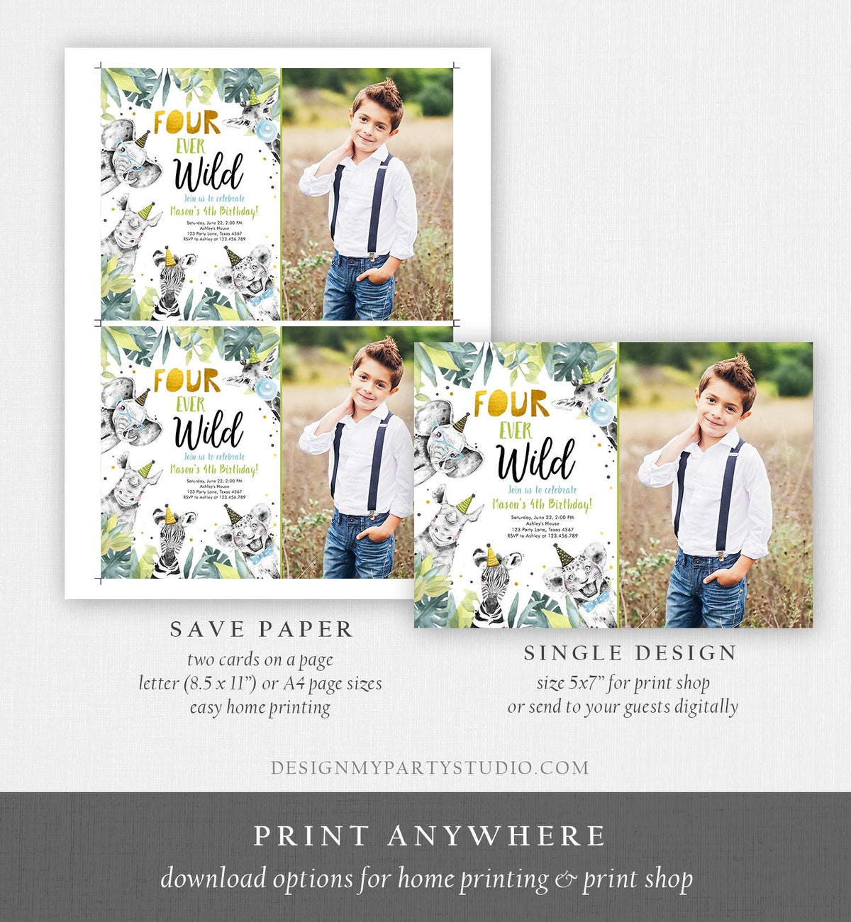Editable Four Ever Wild Invitation Safari Animals Party Animals Boy Gold Fourth Birthday 4th Zoo Digital Download Template Printable 0322