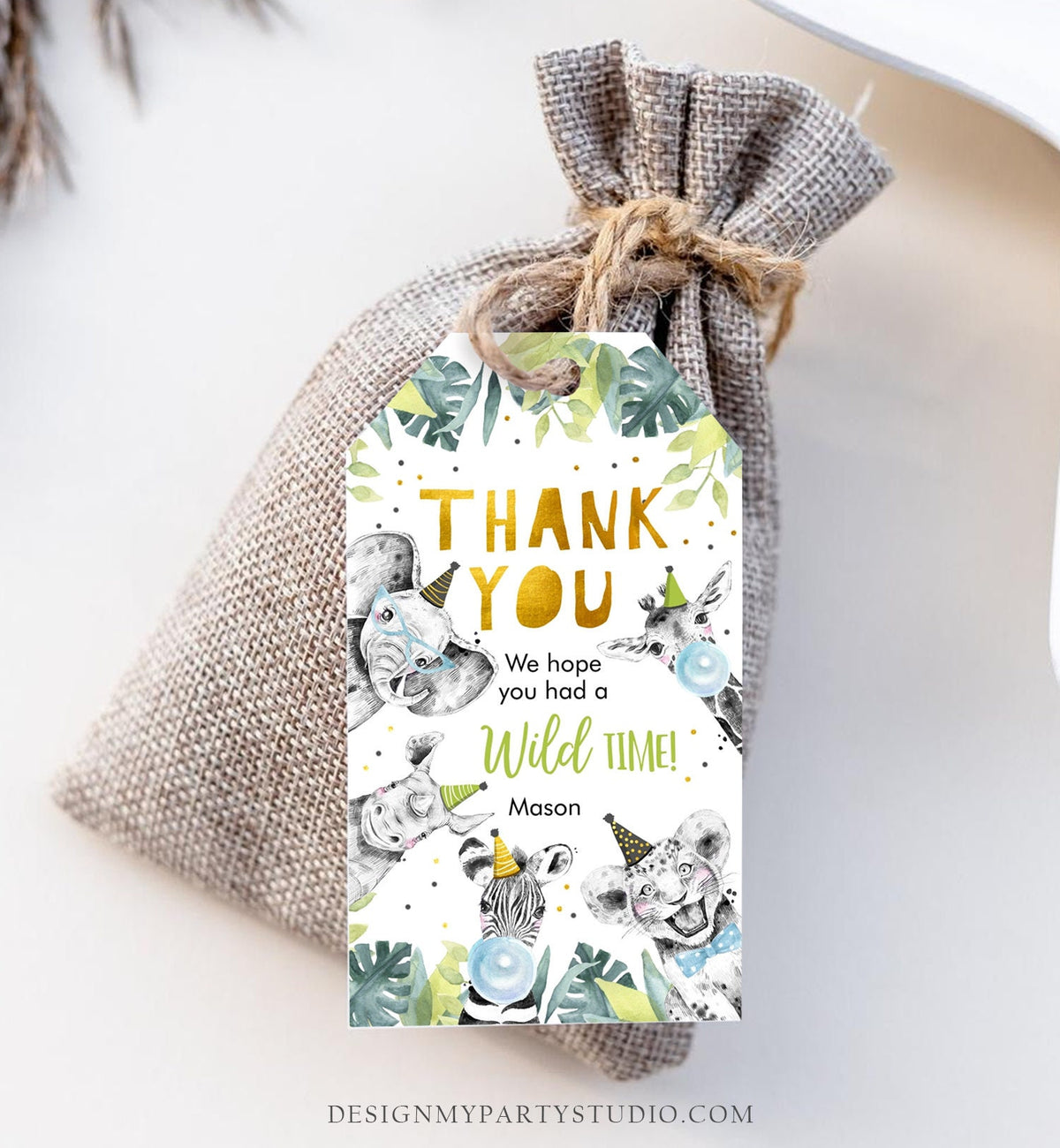 Editable Party Animals Favor Tags Boy Wild One Safari Animals Thank You Tags Gold Birthday Wild Time Gift Digital Template Printable 0322