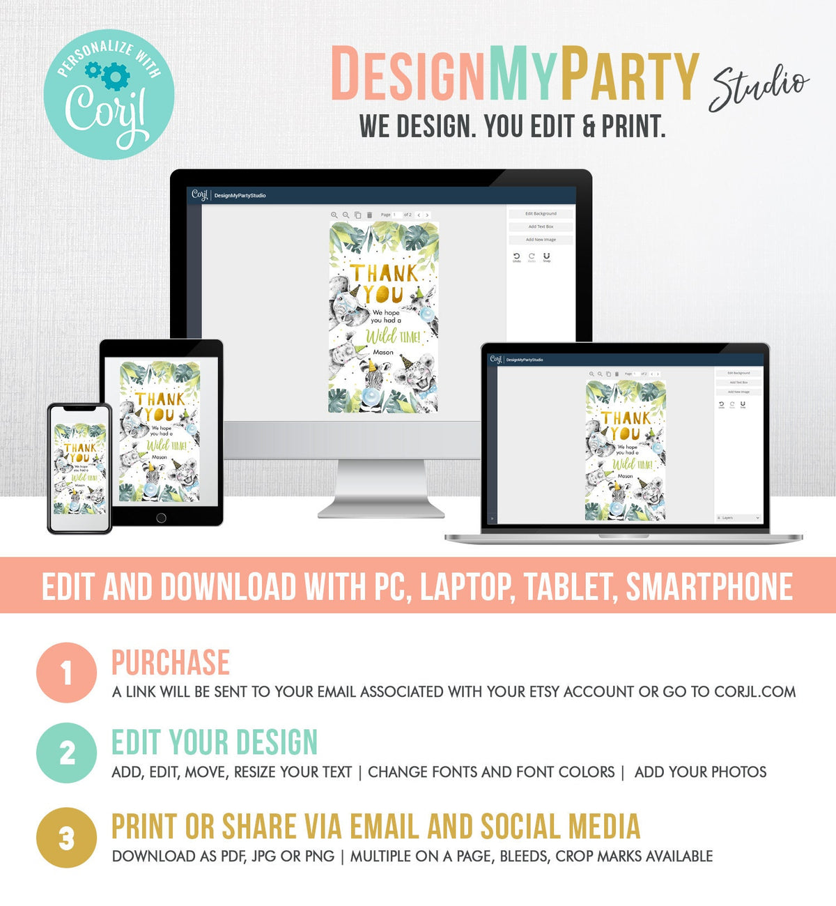 Editable Party Animals Favor Tags Boy Wild One Safari Animals Thank You Tags Gold Birthday Wild Time Gift Digital Template Printable 0322