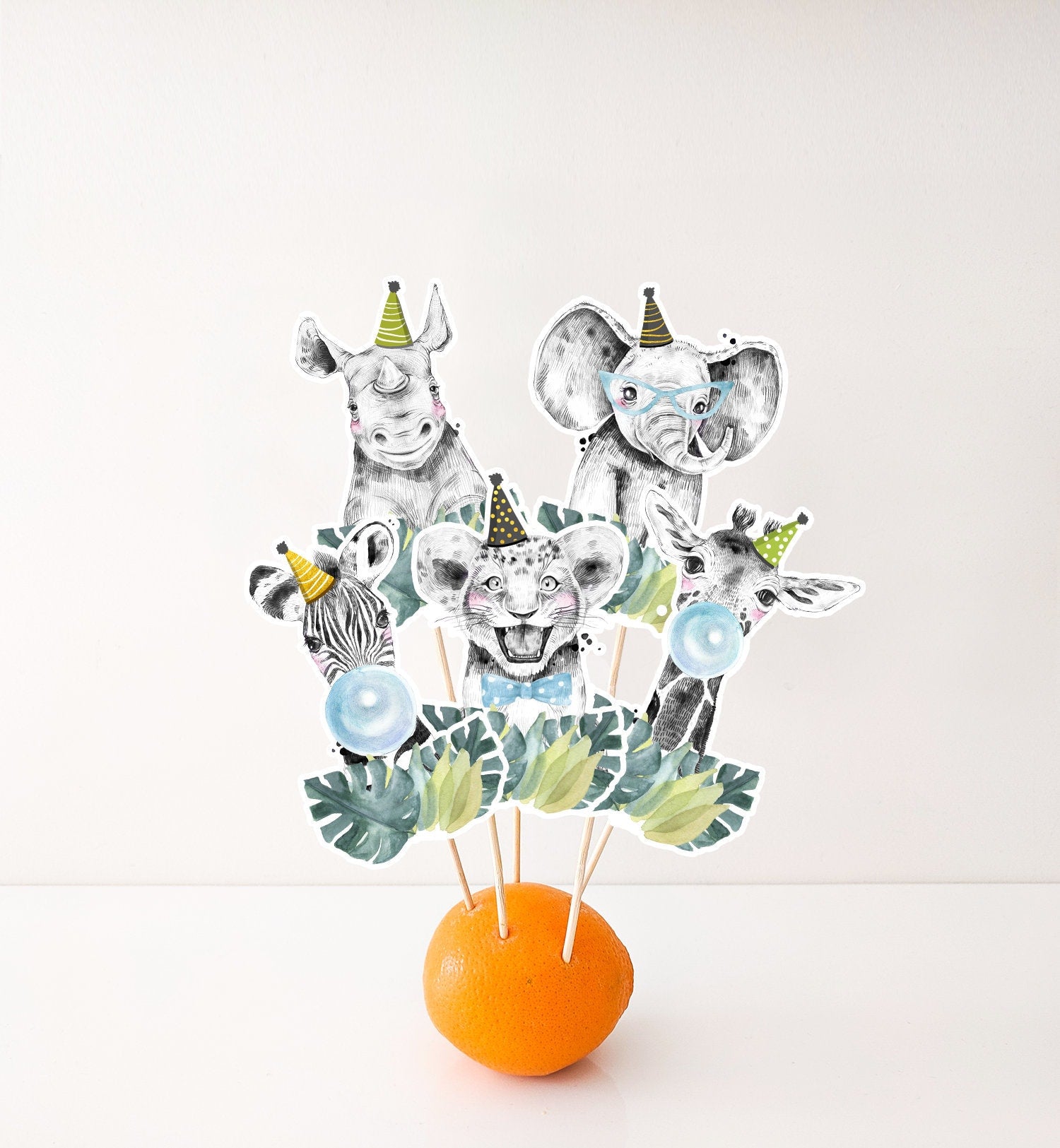 Printable Party Animals Centerpieces Safari Animals Birthday Party Gold Black Cake Topper Table Decor Wild One Decorations DIY Digital 0322