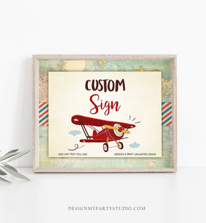 Editable Airplane Custom Sign Travel Adventure Baby Shower Birthday Sign Vintage Red Airplane Boy Pilot 8x10 Download PRINTABLE Corjl 0011