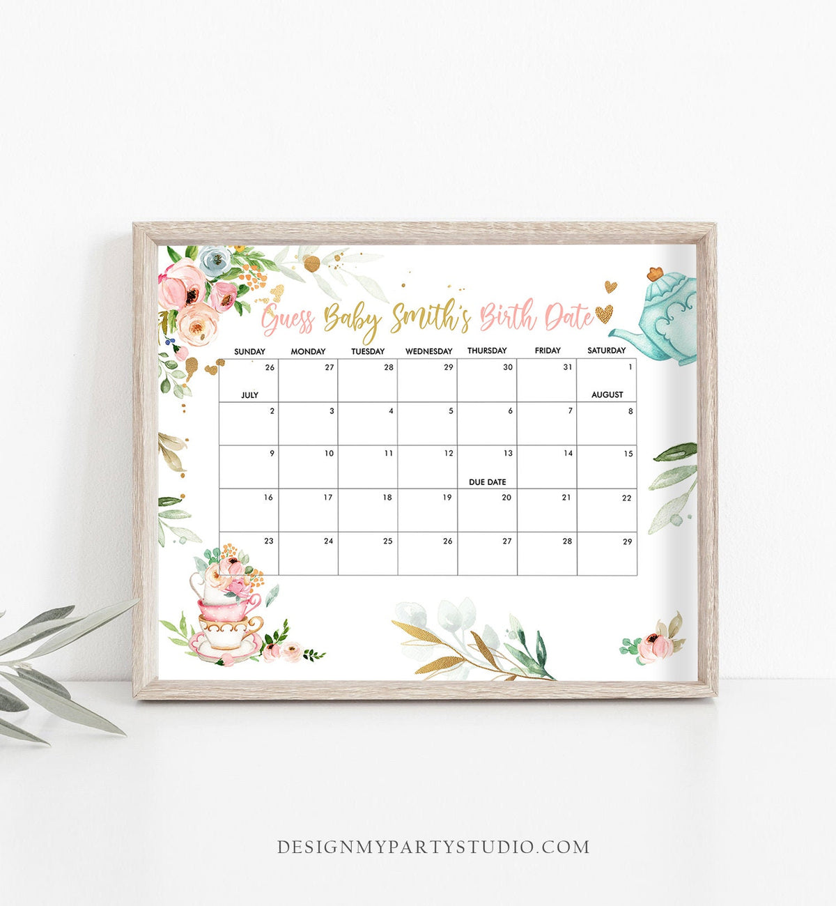 Editable Guess the Birth Date Baby Shower Game Guess Birthday Baby is Brewing Baby Shower Floral Tea Pink Digital Template Printable 0349