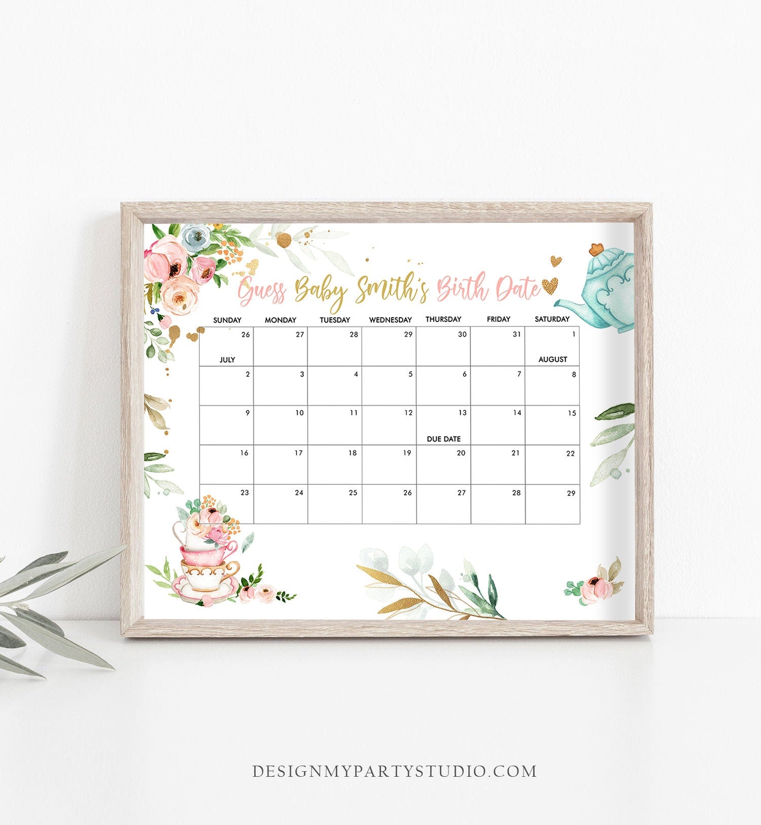 Editable Guess the Birth Date Baby Shower Game Guess Birthday Baby is Brewing Baby Shower Floral Tea Pink Digital Template Printable 0349