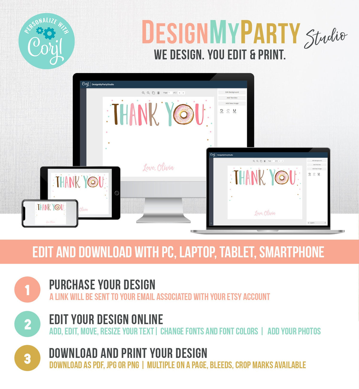 Editable Donut Thank You Card Note Pink Girl Birthday Party Doughnut Thank You Two Sweet One Baby Shower Digital Template Printable 0368