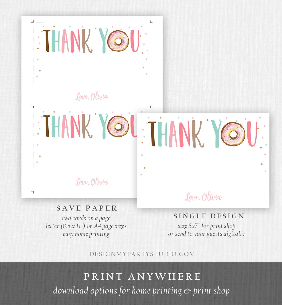 Editable Donut Thank You Card Note Pink Girl Birthday Party Doughnut Thank You Two Sweet One Baby Shower Digital Template Printable 0368