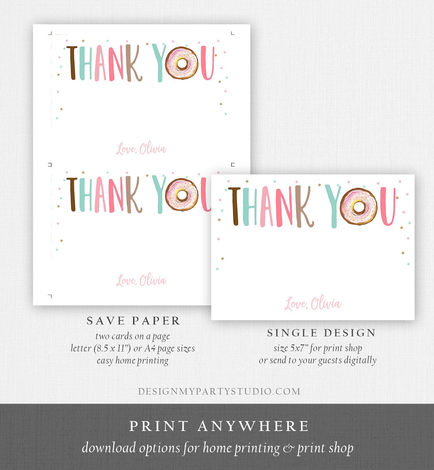 Editable Donut Thank You Card Note Pink Girl Birthday Party Doughnut Thank You Two Sweet One Baby Shower Digital Template Printable 0368