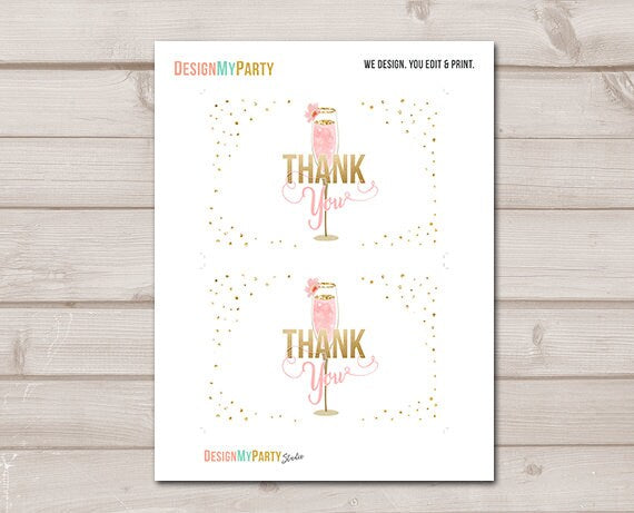 Brunch and Bubbly Thank you Card Champagne Thank You Note Floral Pink Gold Couples Shower Bubbly Bridal Shower 4x6" Instant Download 0150