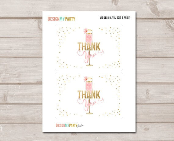 Brunch and Bubbly Thank you Card Champagne Thank You Note Floral Pink Gold Couples Shower Bubbly Bridal Shower 4x6&quot; Instant Download 0150