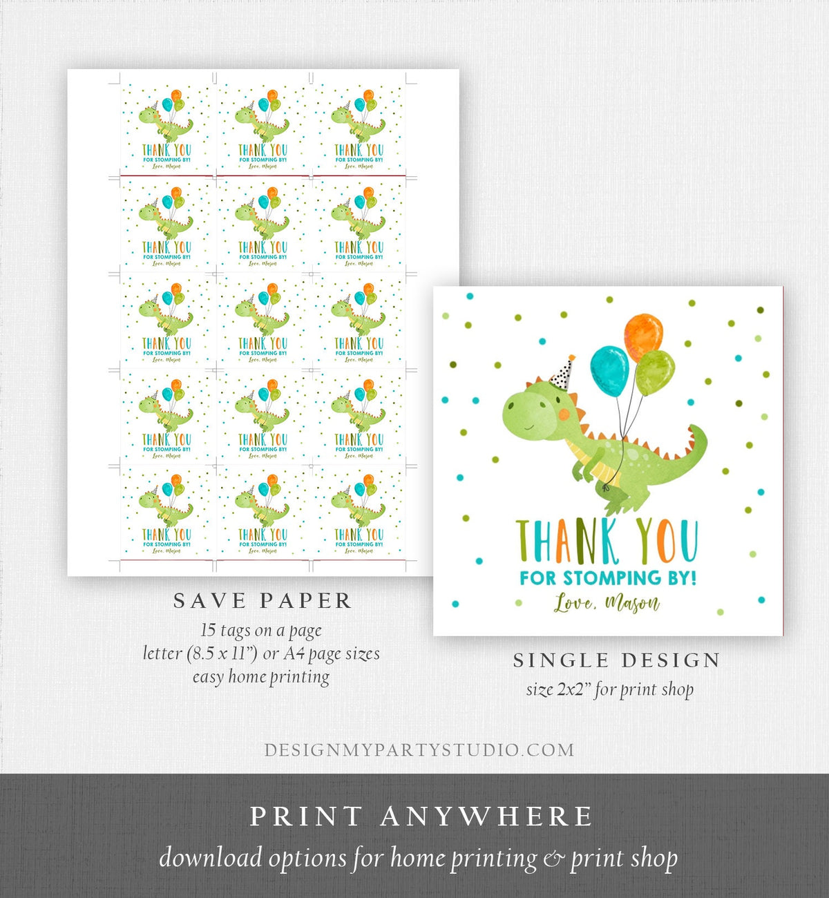 Editable Dinosaur Favor Tag Drive By Birthday Favors Party Parade Dino Boy Sticker Thank You Gift Tags T-Rex Corjl Template Printable 0340