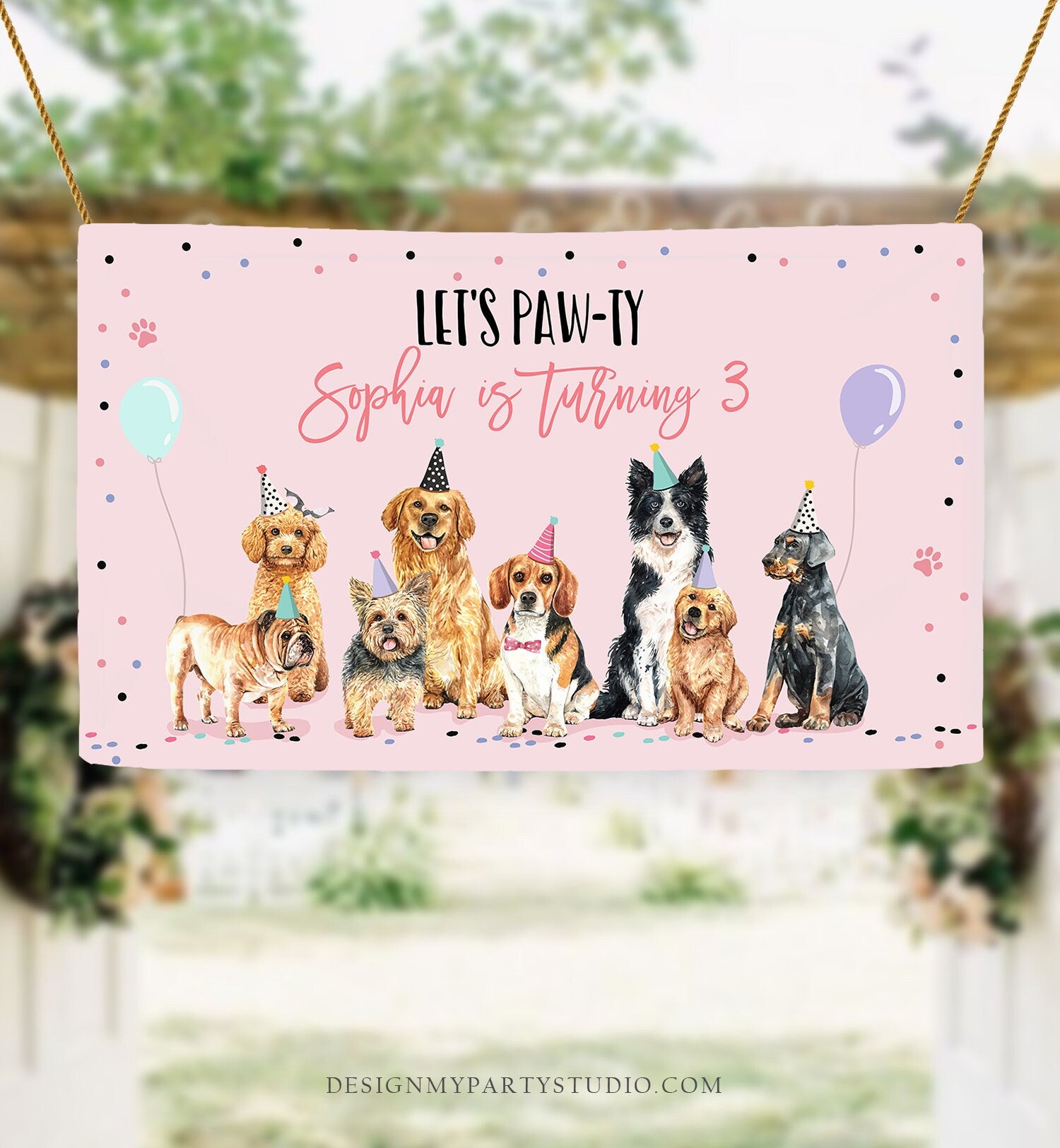 Editable Puppy Backdrop Banner Pink Dog Birthday Puppy Birthday Decorations Adopt a Pet Pawty Doggy Download Corjl Template Printable 0384