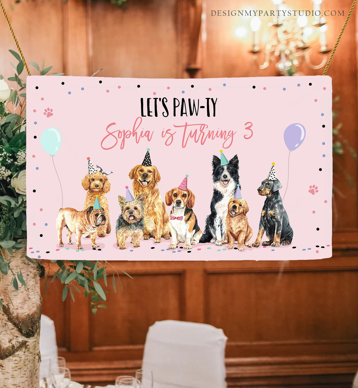 Editable Puppy Backdrop Banner Pink Dog Birthday Puppy Birthday Decorations Adopt a Pet Pawty Doggy Digital Download Template Printable 0384