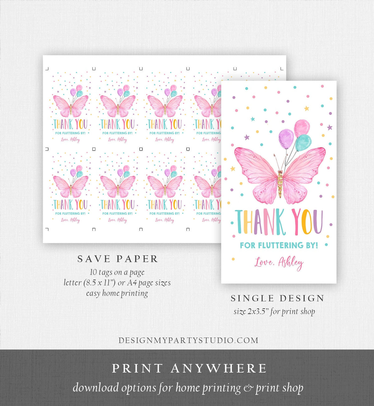 Editable Butterfly Favor Tag Birthday Favors Thank You Fluttering By Girl Pink Balloons Confetti Gold Gift Corjl Template Printable 0162