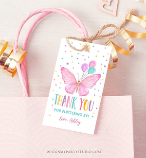 Editable Butterfly Favor Tag Birthday Favors Thank You Fluttering By Girl Pink Balloons Confetti Gold Gift Corjl Template Printable 0162