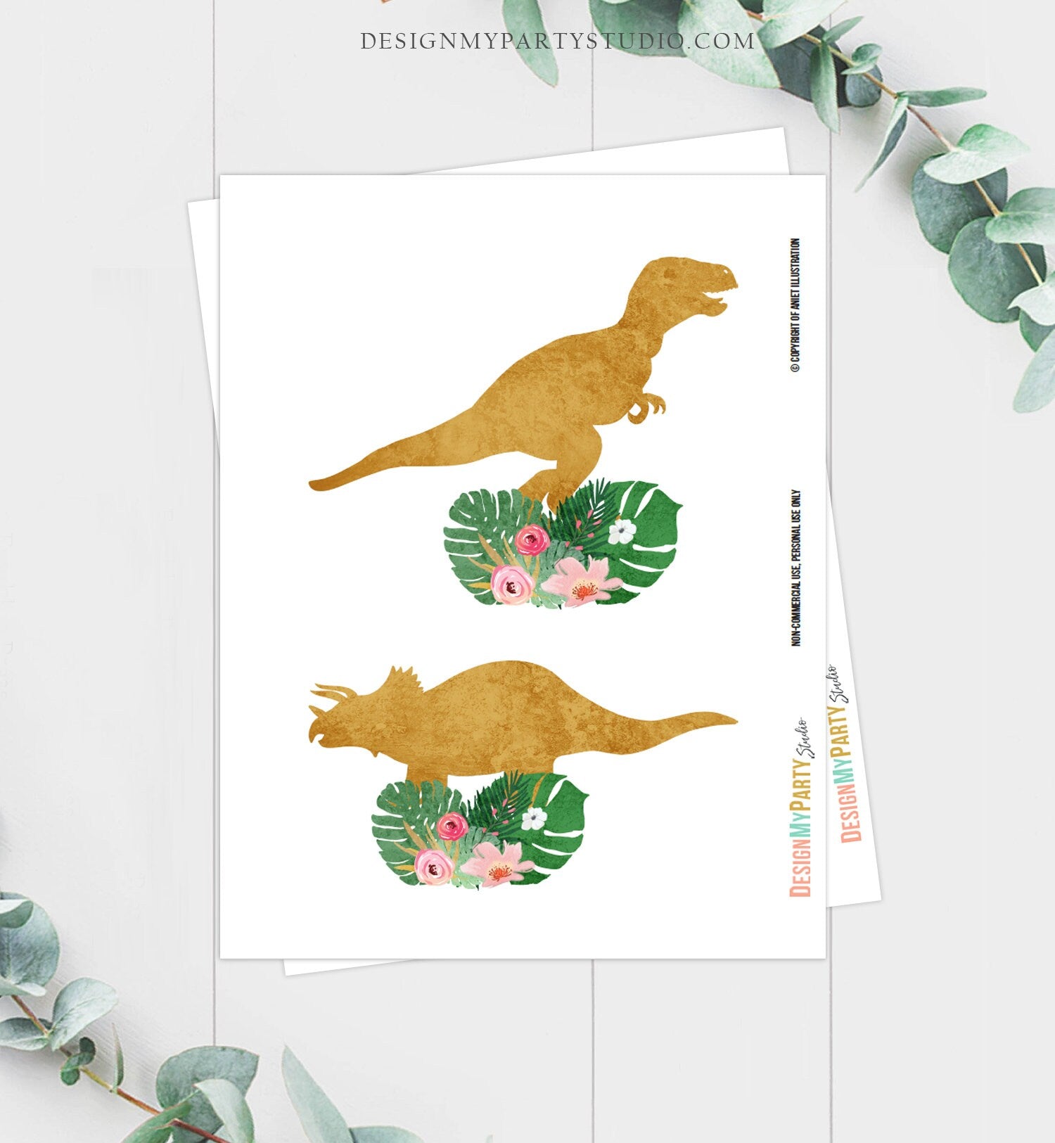 Printable Dinosaur Centerpieces Safari Leaves Gold Girl Birthday Party Jungle Cake Topper Decor Wild One Digital Download Printable 0146