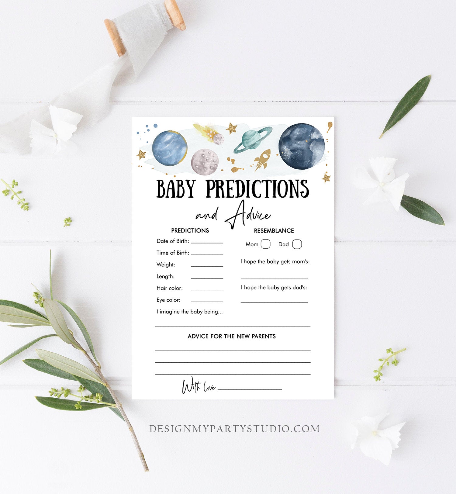 Editable Baby Predictions Baby Shower Game Advice Outer Space Planets Houston We Have a Boy Rocket Activity Corjl Template Printable 0357