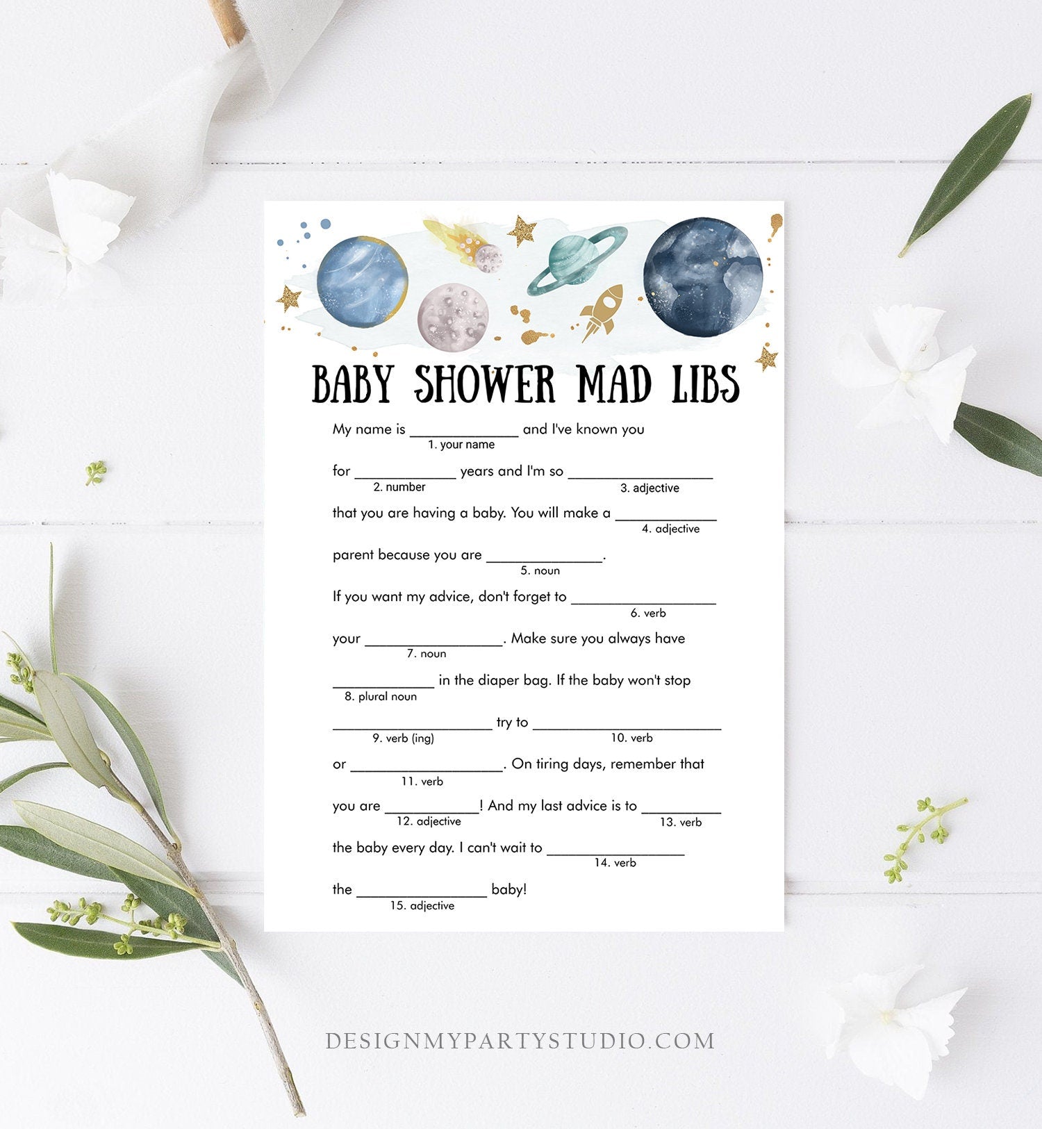 Editable Mad Libs Baby Shower Game Advice for Mom Outer Space Planets Houston We Have Boy Rocket Gold Activity Corjl Template Printable 0357