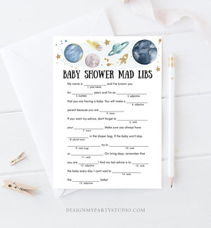 Editable Mad Libs Baby Shower Game Advice for Mom Outer Space Planets Houston We Have Boy Rocket Gold Activity Corjl Template Printable 0357