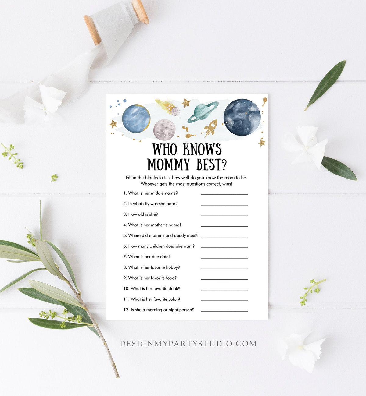 Editable Who Knows Mommy Best Baby Shower Game Outer Space Planets Houston We Have a Boy Rocket Activity Digital Template Printable 0357