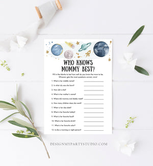 Editable Who Knows Mommy Best Baby Shower Game Outer Space Planets Houston We Have a Boy Rocket Gold Activity Corjl Template Printable 0357