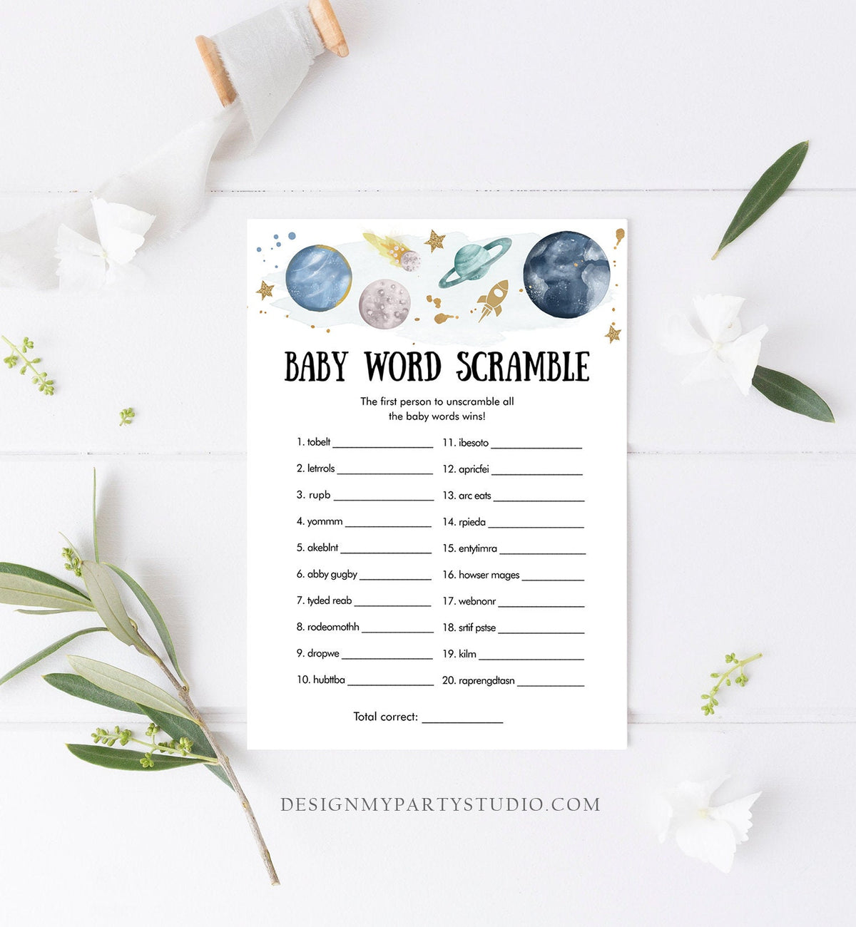 Editable Word Scramble Baby Shower Game Word Search Outer Space Planets Houston We Have a Boy Rocket Activity Corjl Template Printable 0357