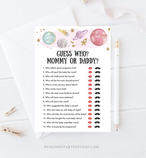 Editable Mommy or Daddy Baby Shower Game Guess Who Outer Space Planets Houston We Have a Girl Rocket Activity Corjl Template Printable 0357