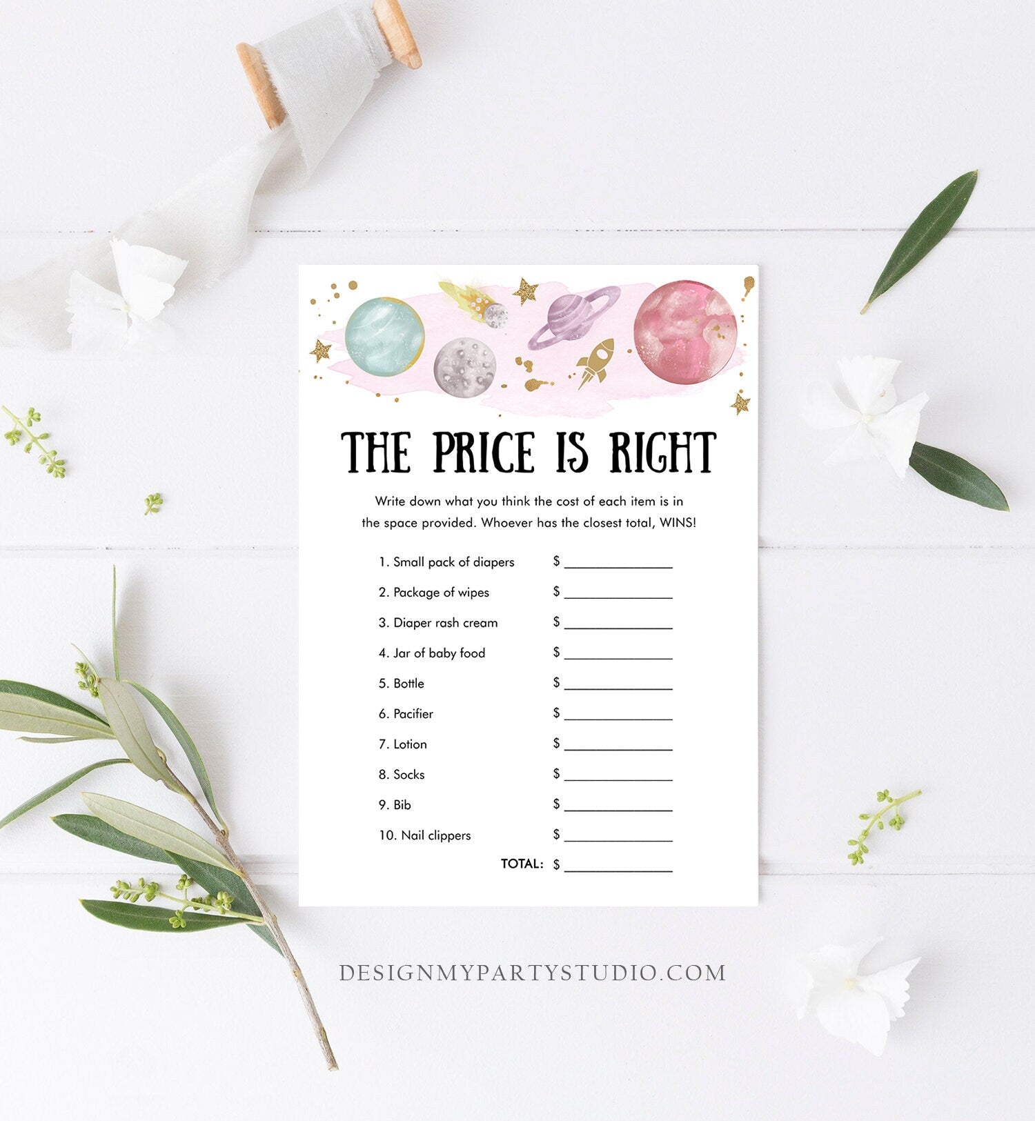 Editable The Price is Right Baby Shower Game Outer Space Planets Houston We Have Girl Rocket Activity Digital Template Printable 0357