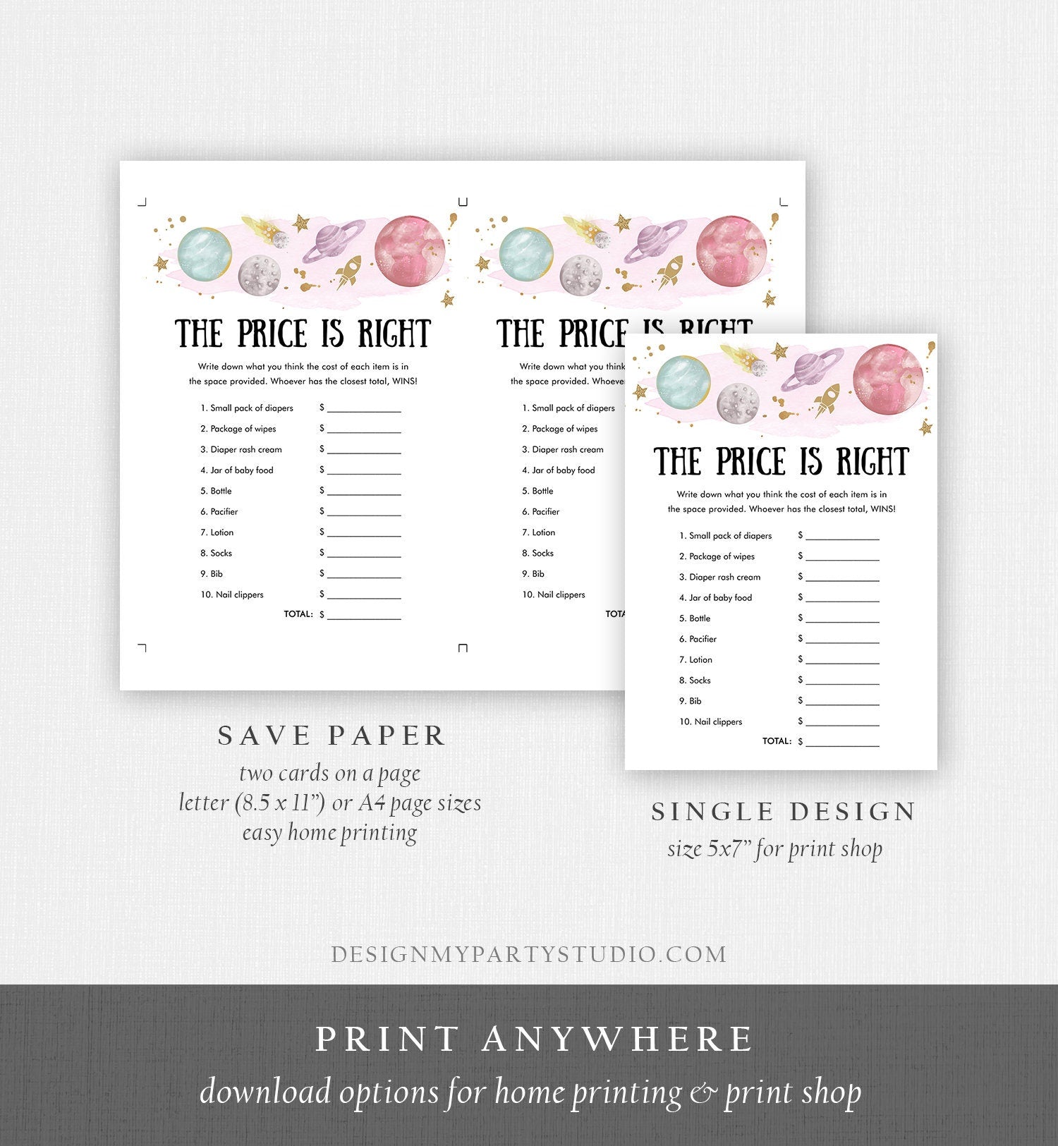Editable The Price is Right Baby Shower Game Outer Space Planets Houston We Have Girl Rocket Activity Digital Template Printable 0357