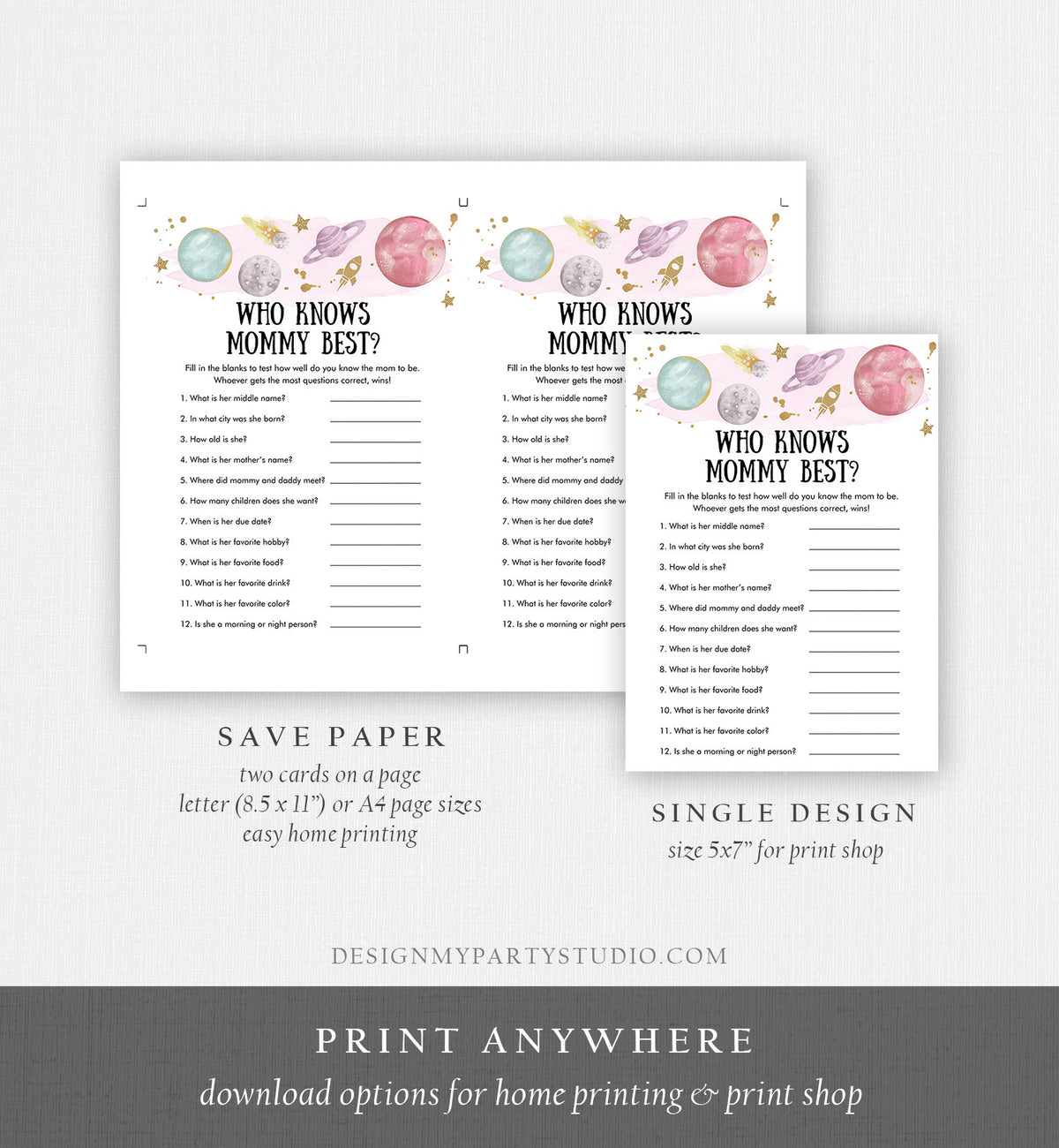 Editable Who Knows Mommy Best Baby Shower Game Outer Space Planets Houston We Have a Girl Rocket Activity Digital Template Printable 0357