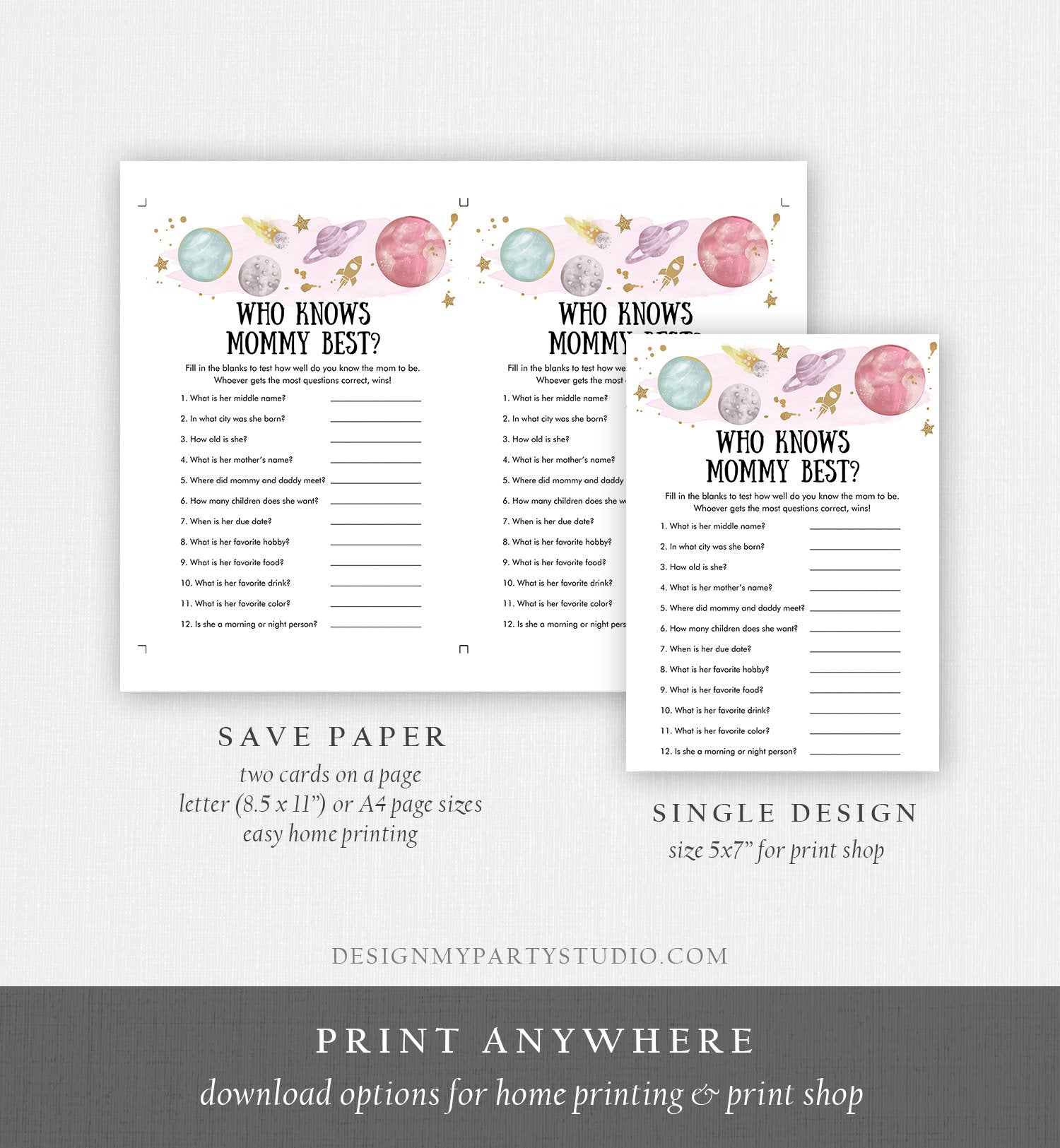 Editable Who Knows Mommy Best Baby Shower Game Outer Space Planets Houston We Have a Girl Rocket Activity Digital Template Printable 0357
