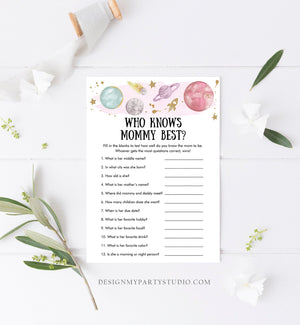 Editable Who Knows Mommy Best Baby Shower Game Outer Space Planets Houston We Have a Girl Rocket Gold Activity Corjl Template Printable 0357