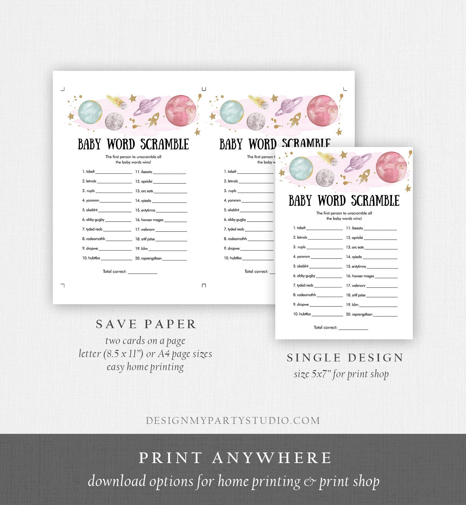 Editable Word Scramble Baby Shower Game Word Search Outer Space Planets Houston We Have a Girl Activity Digital Template Printable 0357