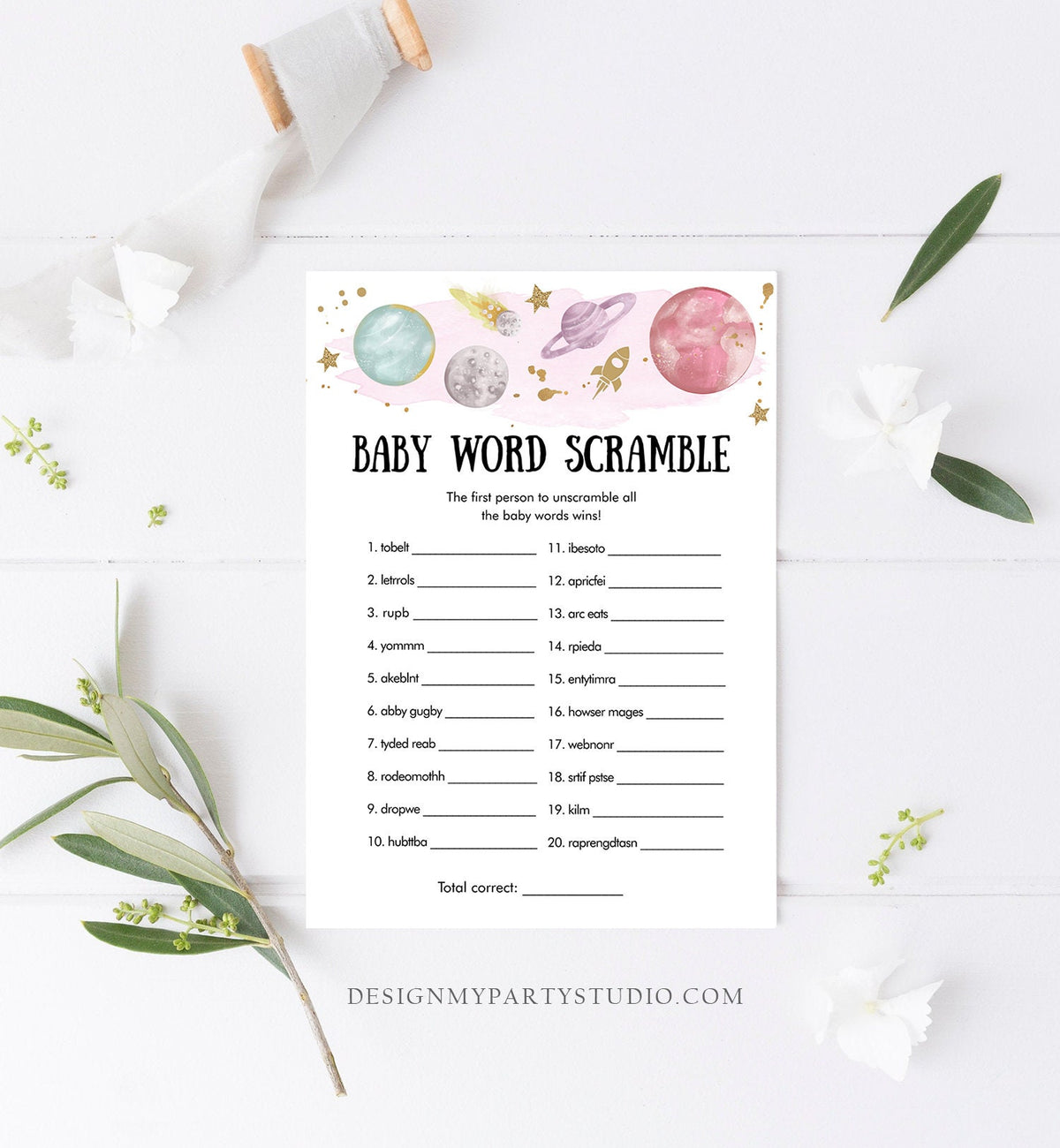 Editable Word Scramble Baby Shower Game Word Search Outer Space Planets Houston We Have a Girl Activity Digital Template Printable 0357