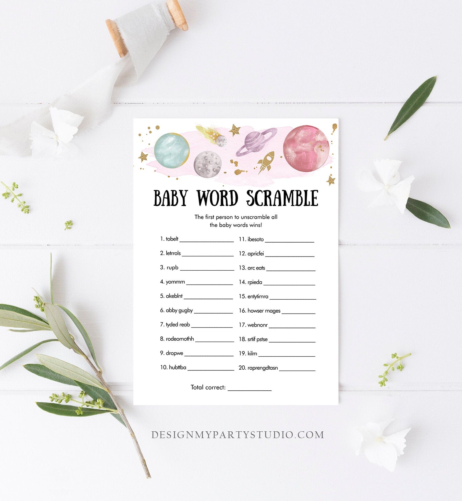 Editable Word Scramble Baby Shower Game Word Search Outer Space Planets Houston We Have a Girl Rocket Activity Corjl Template Printable 0357