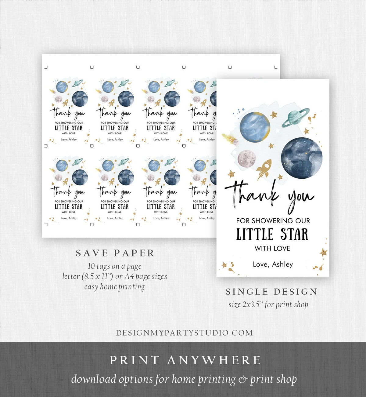 Editable Outer Space Favor Tags Space Baby Shower Thank You Boy Little Star Gift Around Sun Planets Download Corjl Template PRINTABLE 0357