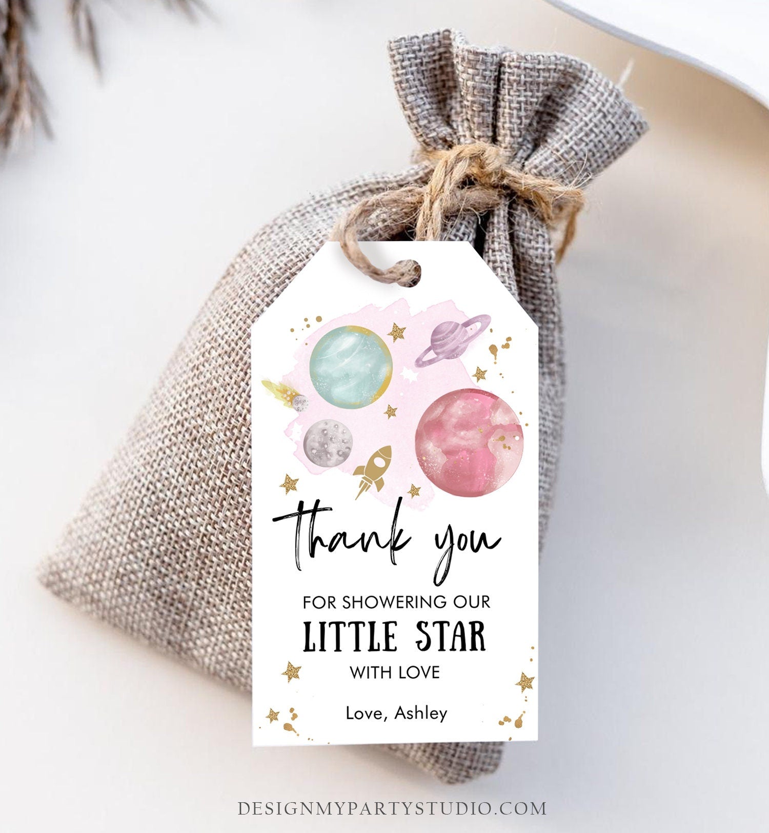Editable Outer Space Favor Tag Space Baby Shower Thank You Girl Little Star Gift Around Sun Planets Digital Download Template Printable 0357