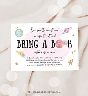 Editable Outer Space Bring a Book Card Baby Shower Space Astronaut Galaxy Watercolor Baby Girl Rocket Book Insert Corjl Template 0357