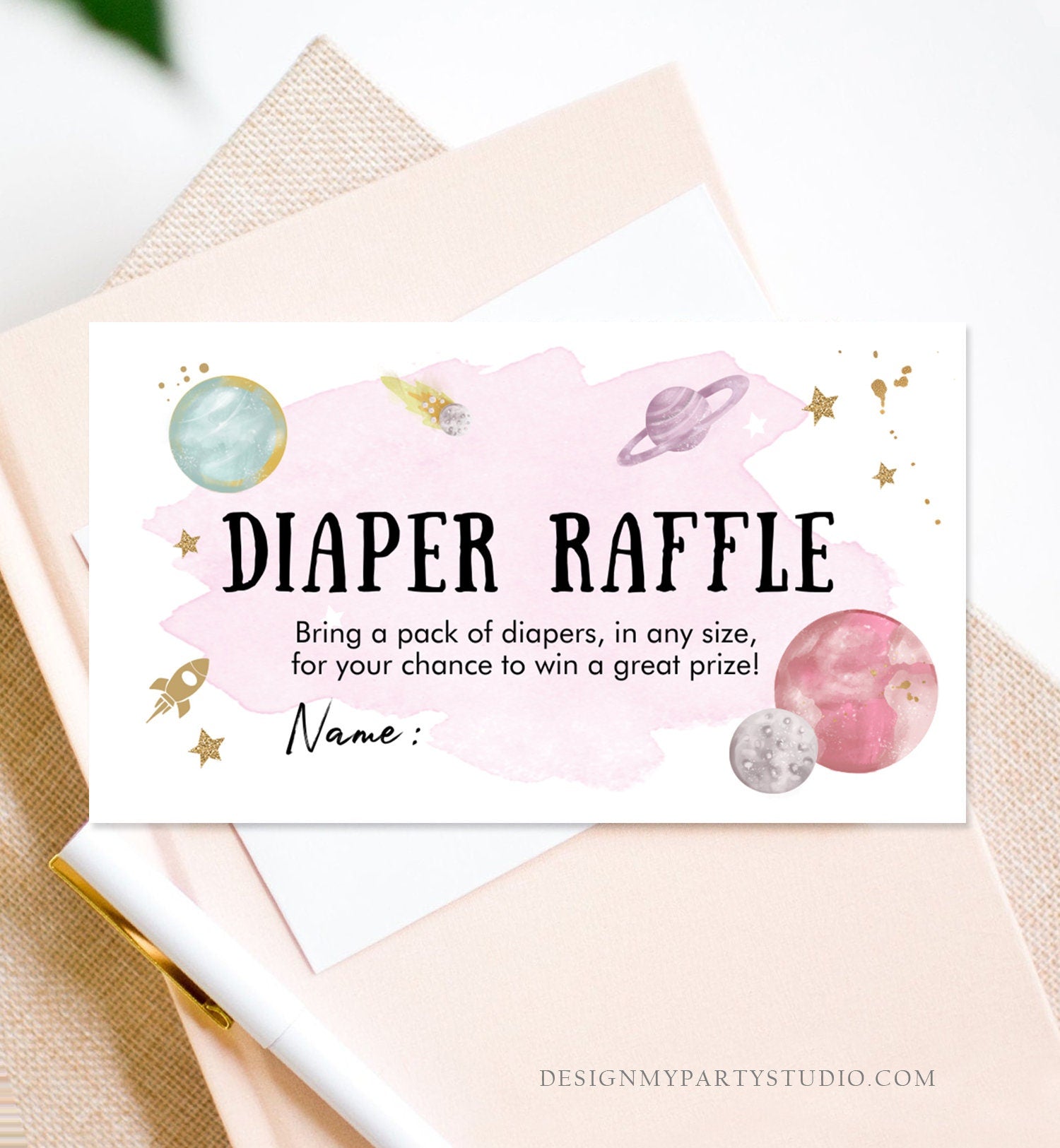 Editable Outer Space Diaper Raffle Ticket Space Baby Shower Girl Astronaut Planets Galaxy Registry Diaper Digital Template Printable 0357