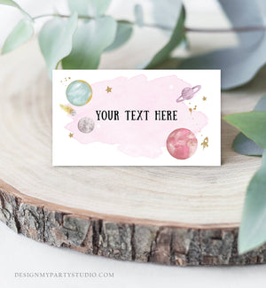 Editable Food Labels Outer Space Birthday Galaxy Food Labels Place Card Tent Card Escort Card Pink Girl Around the Sun Template Corjl 0357