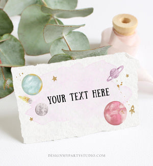 Editable Food Labels Outer Space Birthday Galaxy Food Labels Place Card Tent Card Escort Card Pink Girl Around the Sun Template Corjl 0357