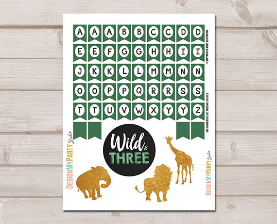 Wild and Thee Cake Topper Safari Animals Third Birthday 3rd Party Animals Name Banner Black Gold Jungle Party Digital Printable 0016