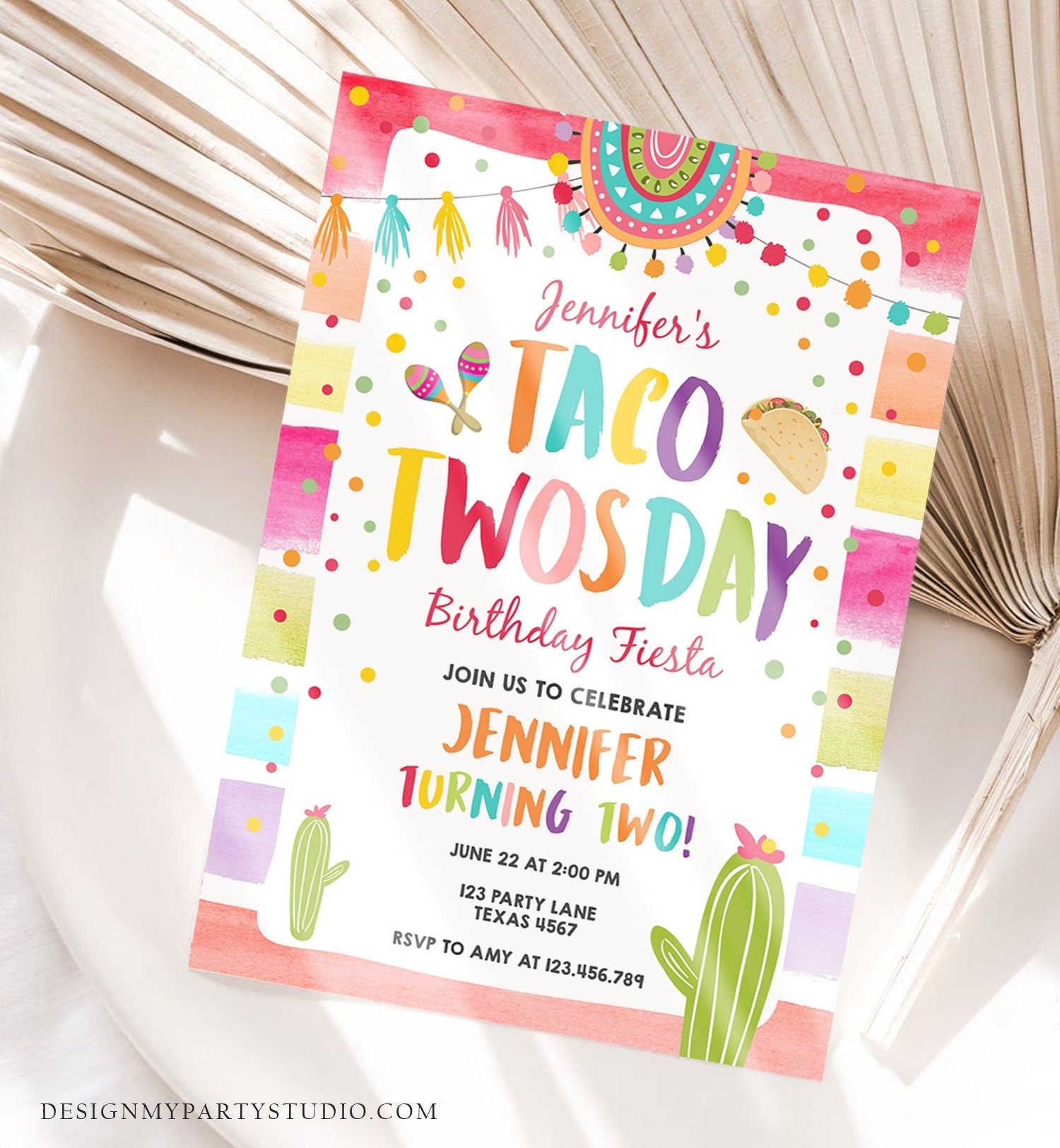Editable Taco Twosday Fiesta Birthday Invitation Second Birthday 2nd Cactus Mexican Tacos Girl Cactus Download Corjl Template Printable 0134