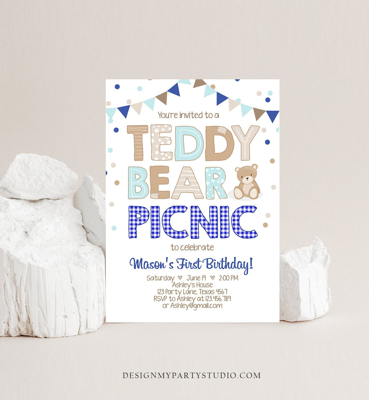 Editable Teddy Bear Picnic Birthday Invitation Boy Navy Blue Gingham Bear Picnic Outdoor First Birthday Digital Corjl Template 0100