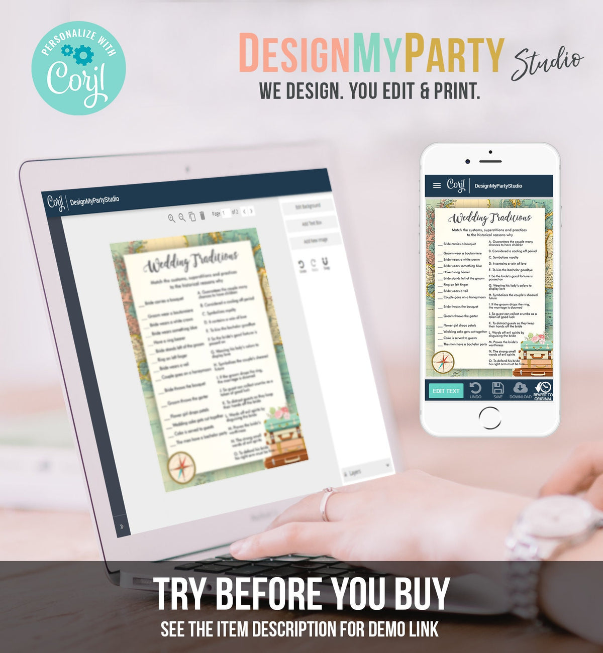 Editable Wedding Traditions Bridal Shower Game Travel Guessing Game Wedding Shower Activity Game Adventure Corjl Template Printable 0044