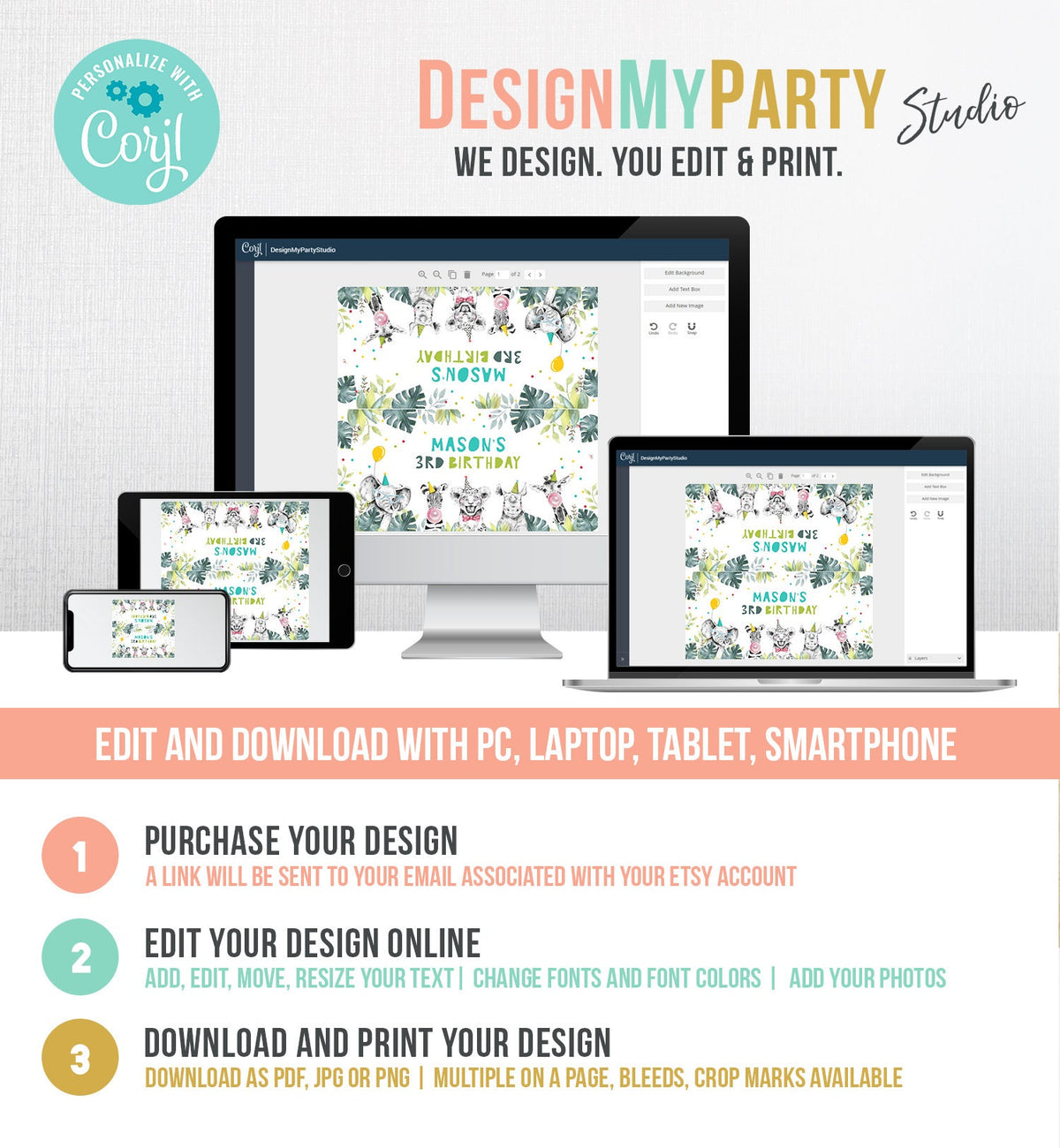 Editable Party Animals Treat Bag Toppers Safari Animals Birthday Boy Blue Wild One Favor Bag Zoo Two Wild Digital Template Printable 0322