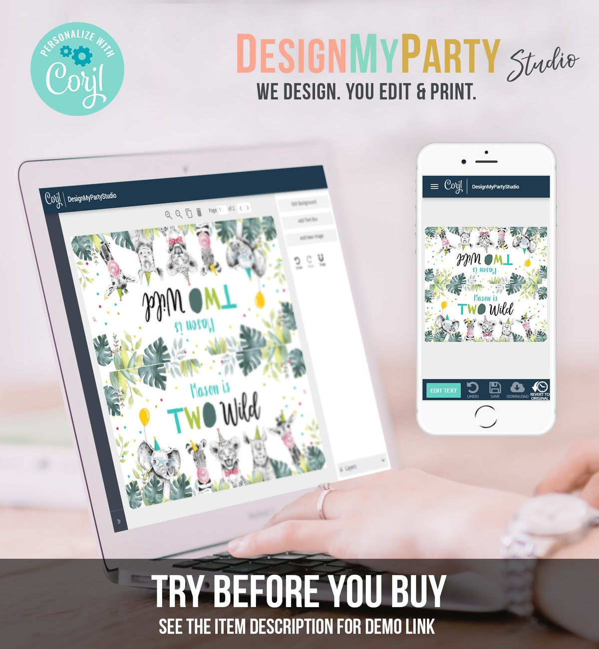 Editable Party Animals Treat Bag Toppers Safari Animals Second Birthday Boy Blue Two Wild Favor Bag Zoo 2nd Digital Template Printable 0322