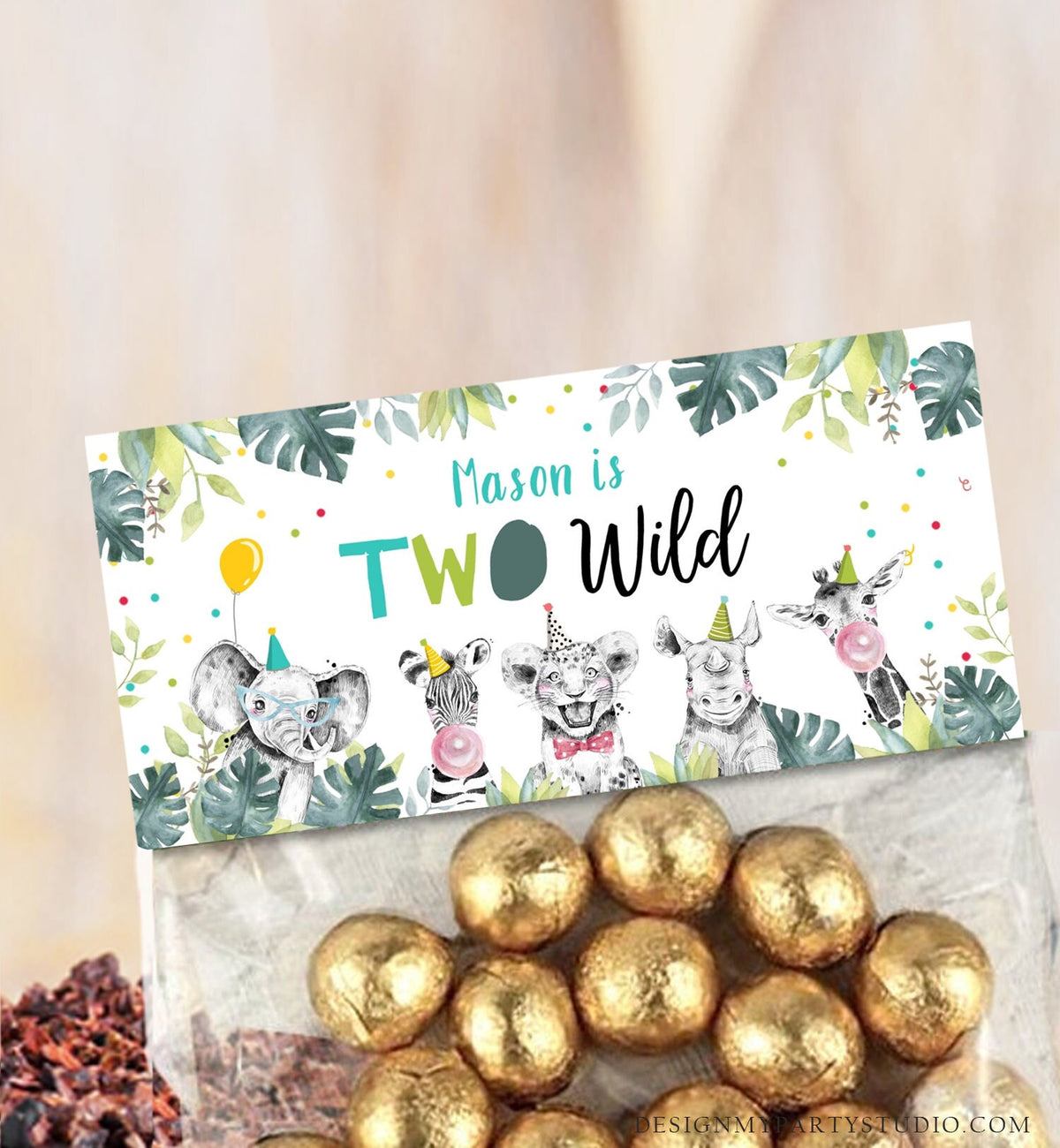 Editable Party Animals Treat Bag Toppers Safari Animals Second Birthday Boy Blue Two Wild Favor Bag Zoo 2nd Digital Template Printable 0322