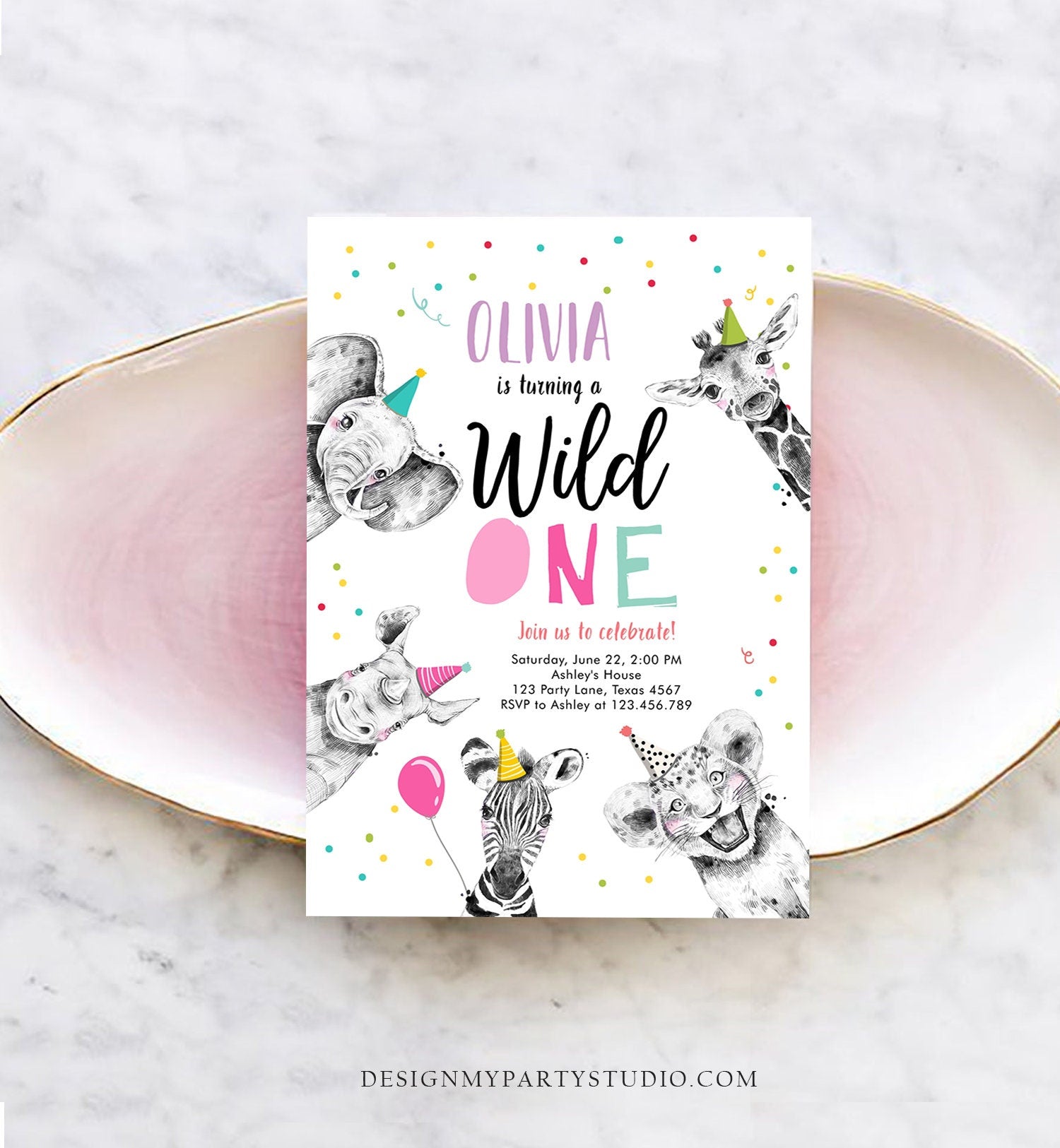 Editable Wild One Birthday Invitation Safari Animals Party Animals Girl Pink Gold First Birthday 1st Confetti Corjl Template Printable 0390