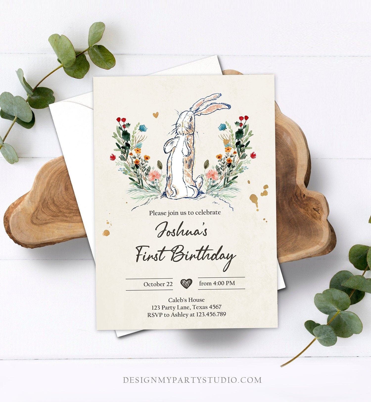 Editable The Velveteen Rabbit Birthday Invitation Rustic Rabbit 1st Birthday Vintage Invite Watercolor Digital Corjl Template Printable 0394