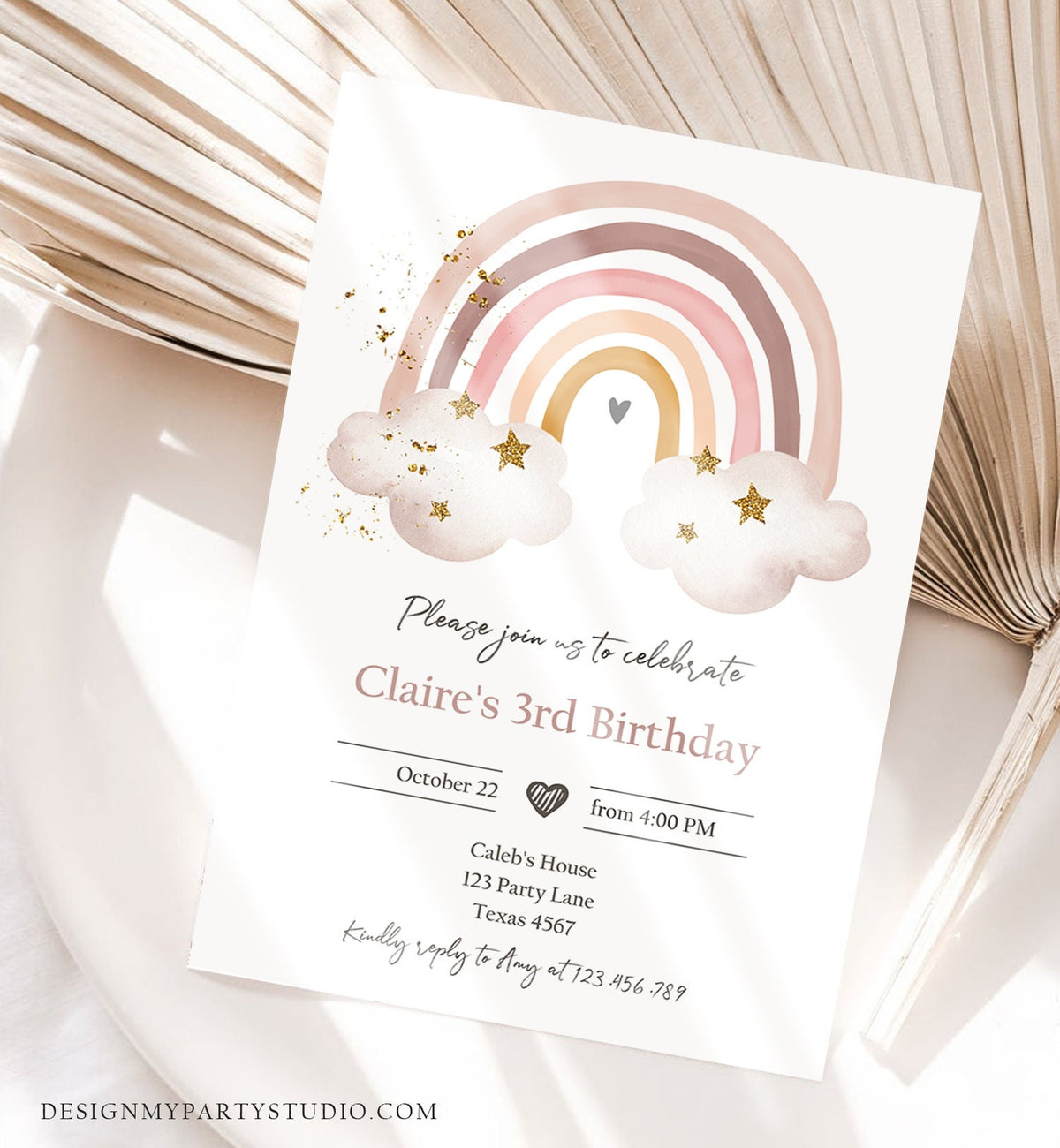 Editable Rainbow Birthday Invitation Rustic Boho Magical Rainbow Pastel 1st Girls Party Digital Download Evite Template Printable 0387